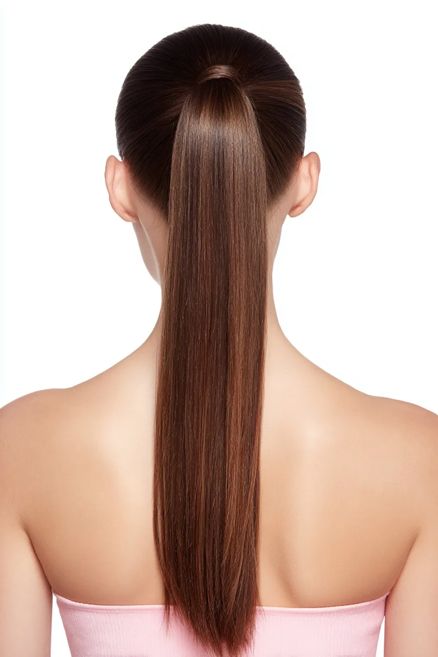 A model with a long, straight brown high ponytail seen from behind, wearing a pink top against a white background.