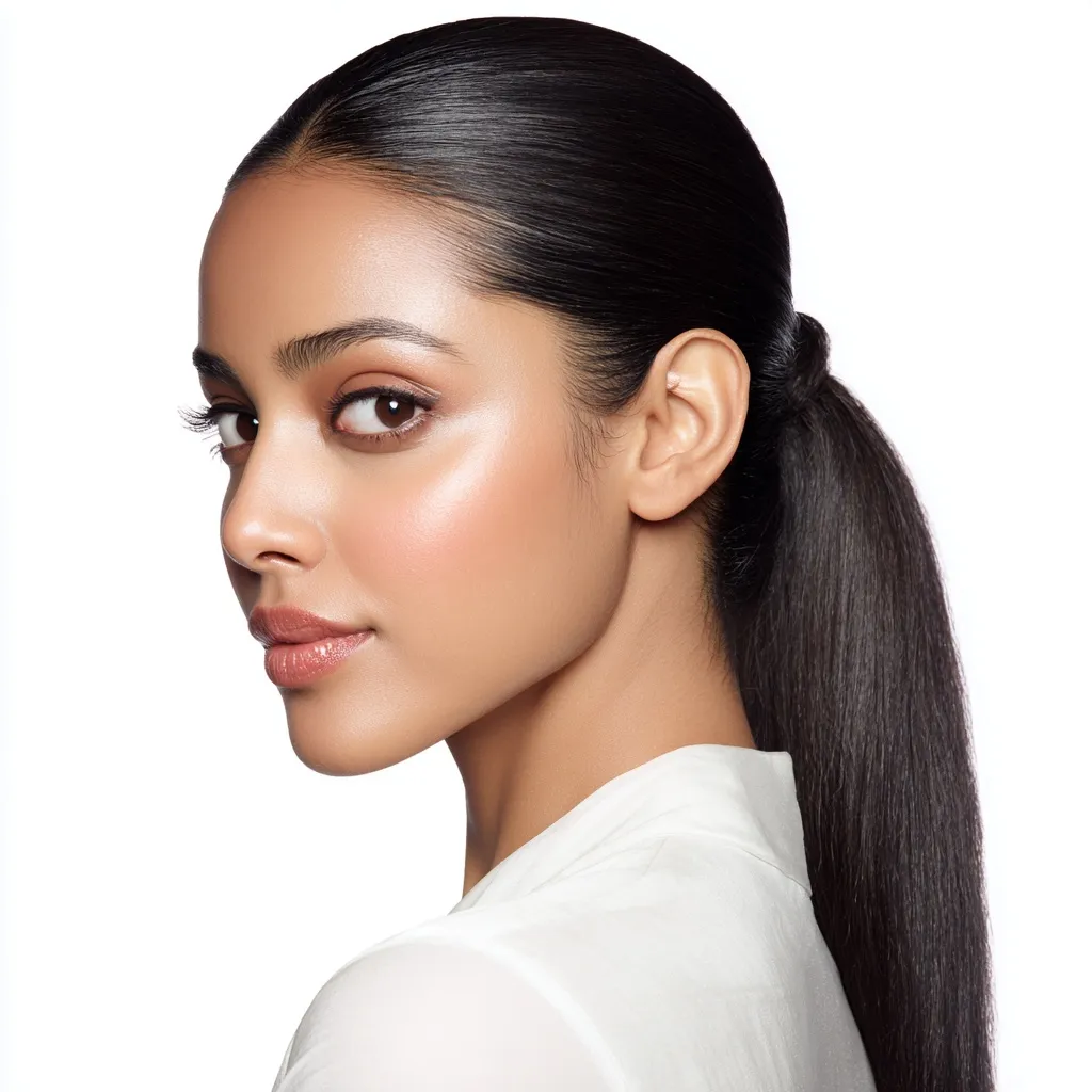 Indian female model with a sleek ponytail hairstyle, 3/4 angle shot against a bright white background.