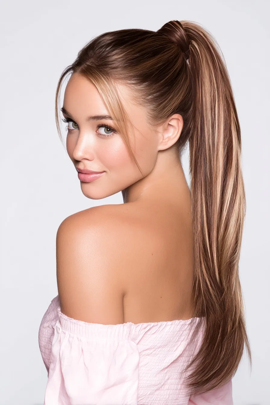 A model wearing a high brown ponytail hairpiece with blonde highlights, posing elegantly against a white background.