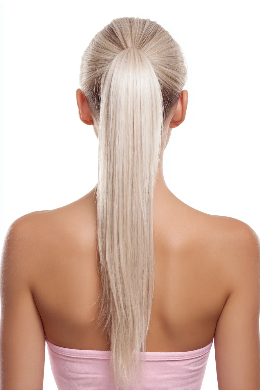 Platinum blonde woman with a high ponytail, back view, wearing a pink strapless top against a white background.