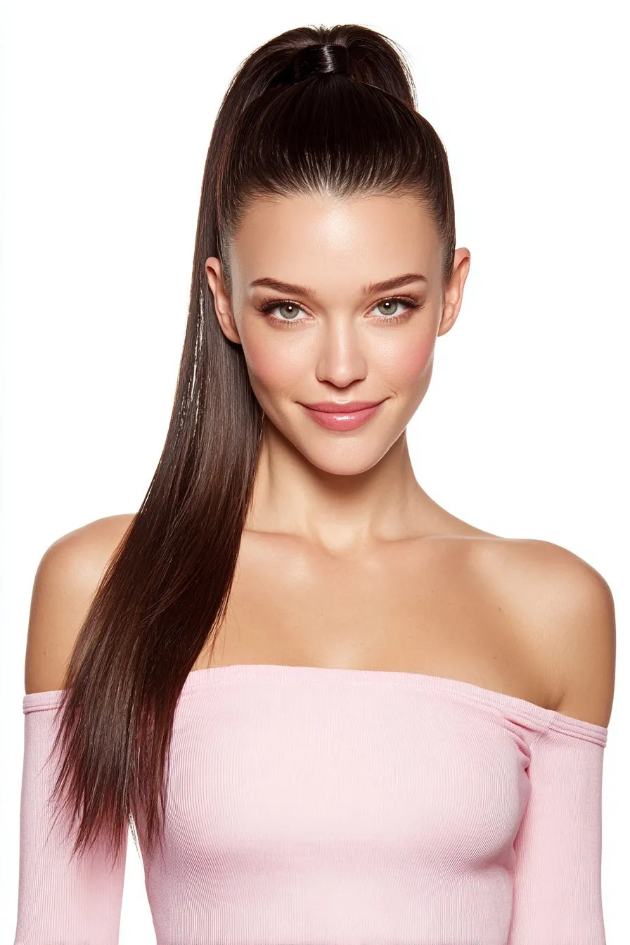 A confident woman with a long, sleek dark brown high ponytail extension with highlights against a white background.