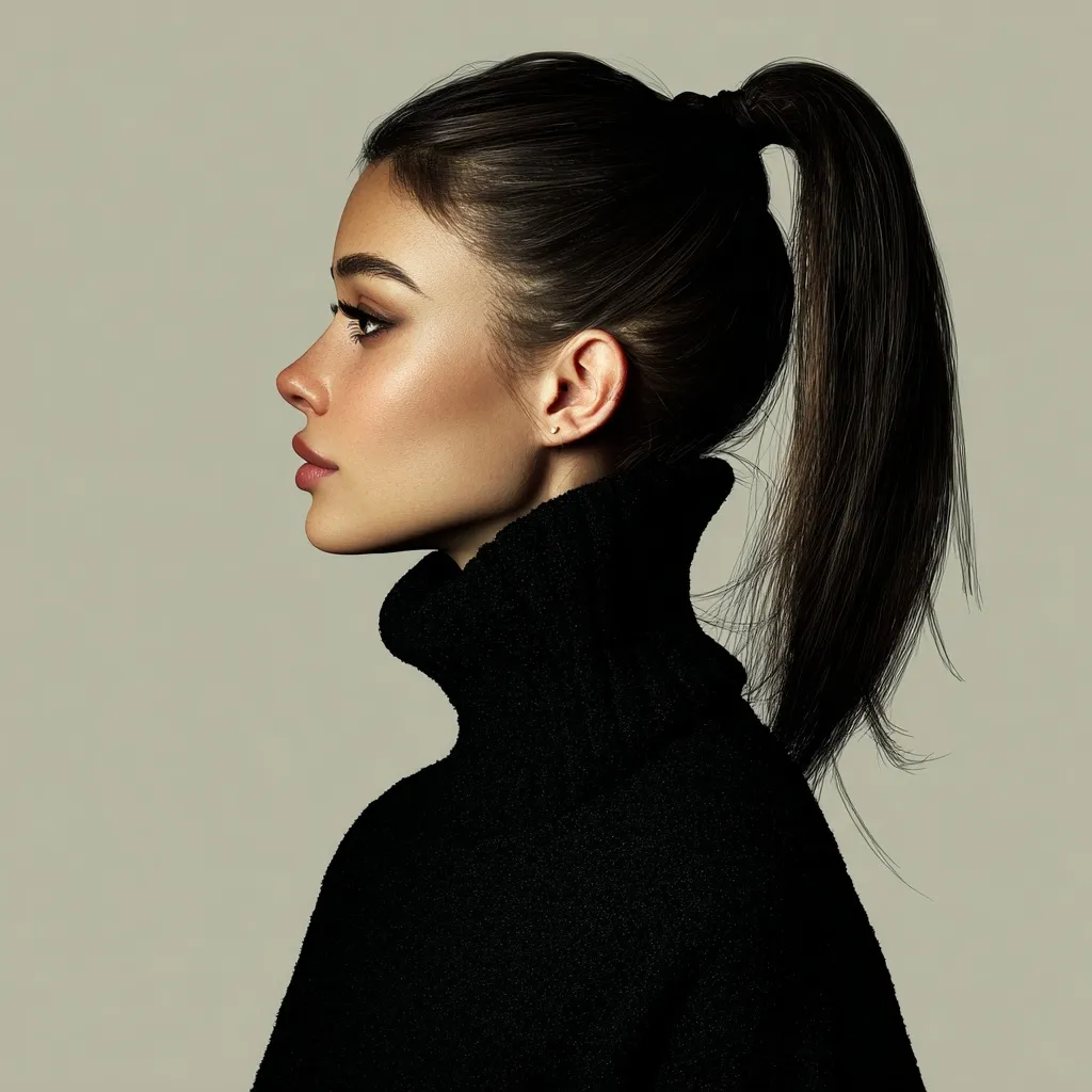 Side profile of a woman with a long high ponytail wearing a cozy turtleneck sweater.