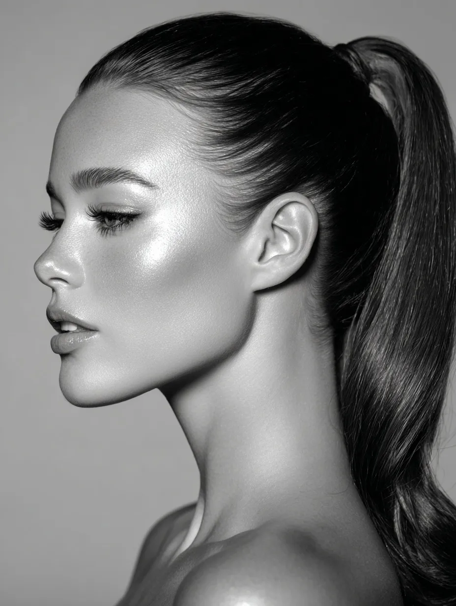 A professional black-and-white portrait of a woman with a sleek long ponytail, high cheekbones, and soft glam makeup.