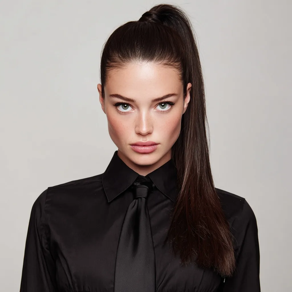 A professional female boss with a sleek black high ponytail, captured in a stylish vogue-inspired portrait.