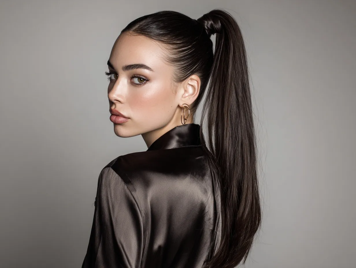 A model with long hair styled in a sleek ponytail wearing a satin blouse, posing for a professional portrait.
