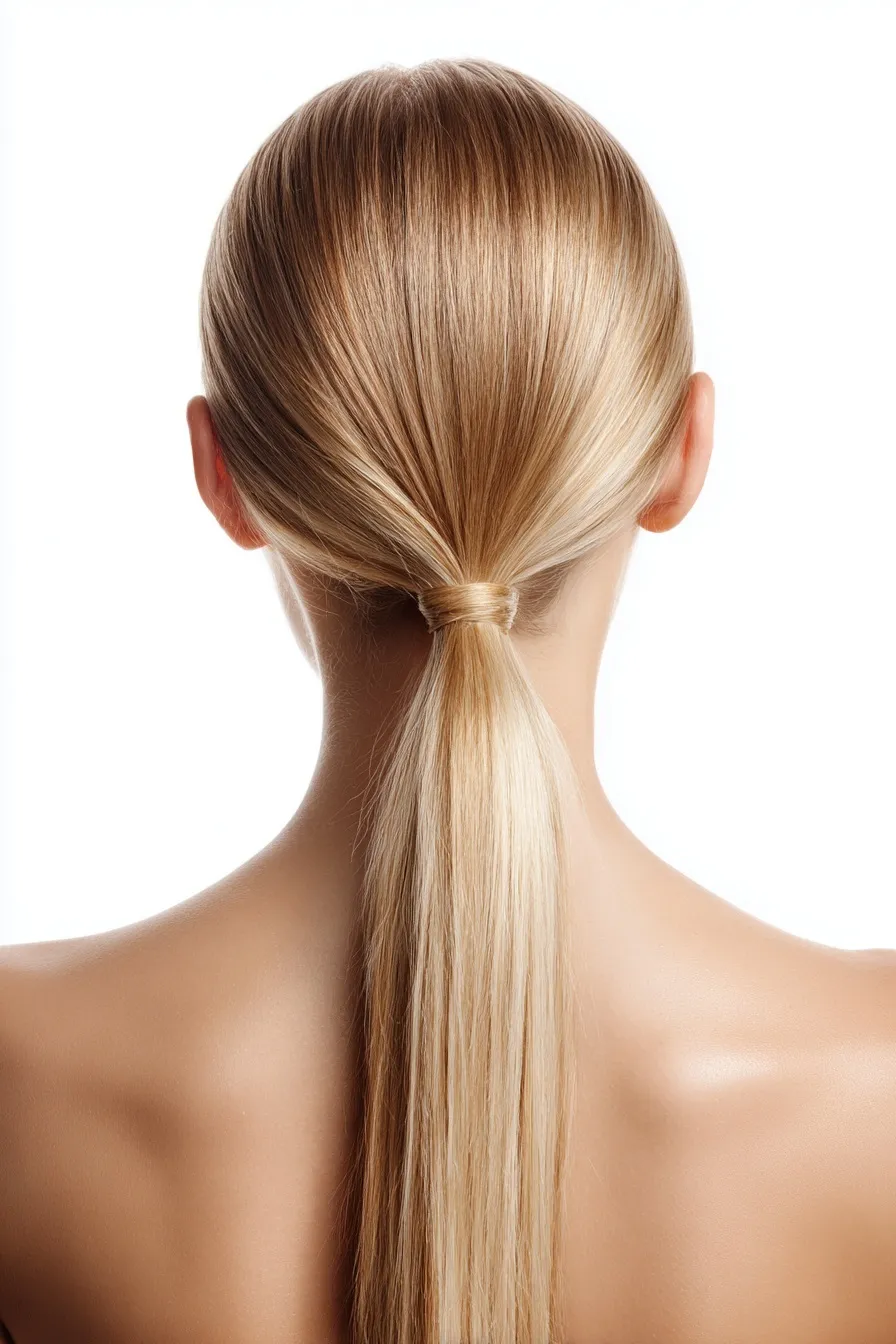 Back view of a woman with long blonde hair in a sleek, low ponytail against a white studio background.