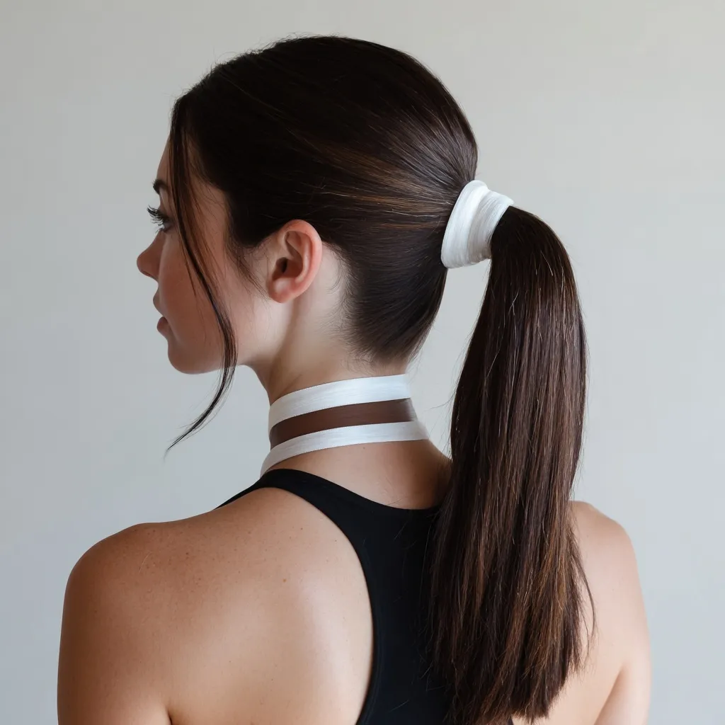 A sleek long hair ponytail tied securely with a simple white hair band against a clean background.