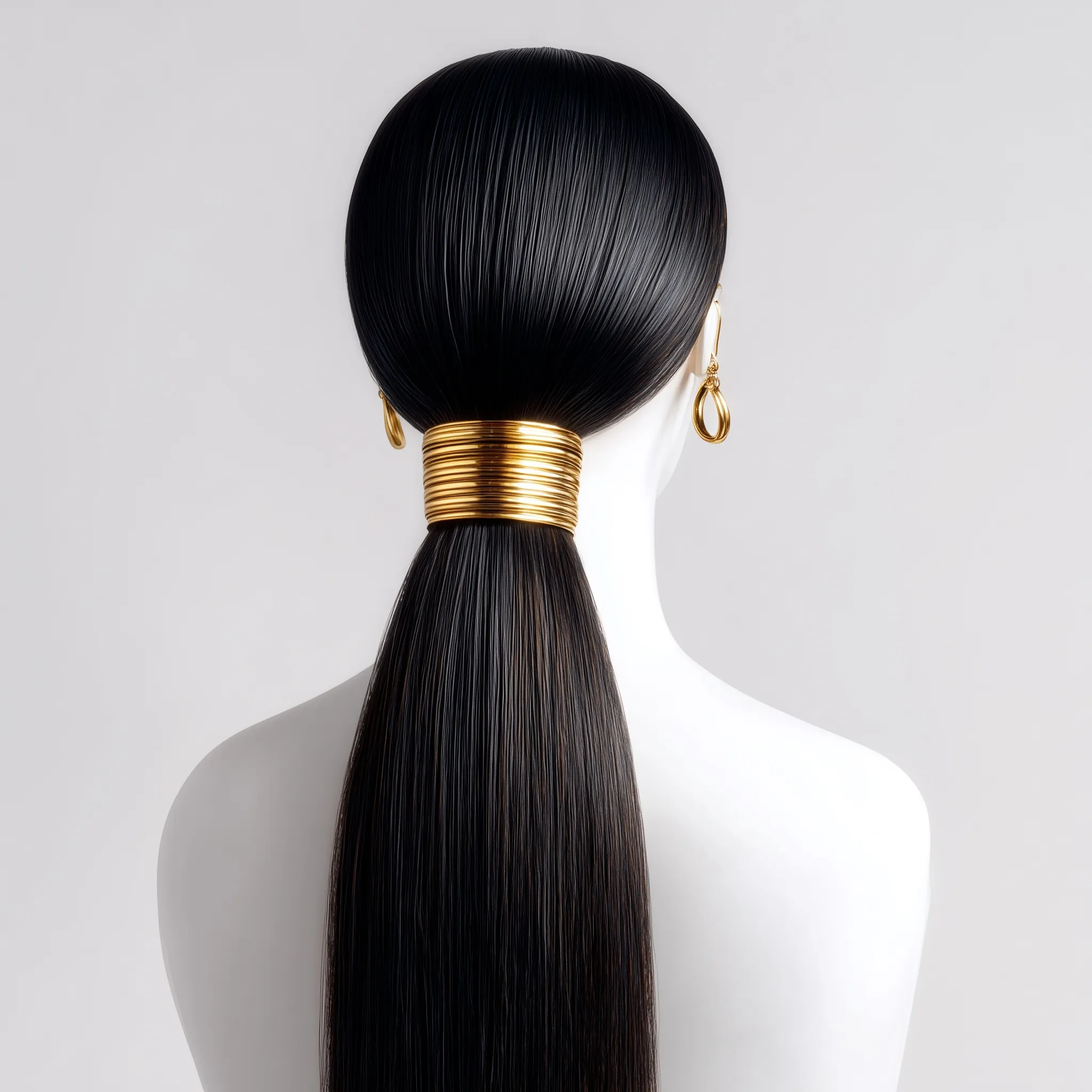 Long textured black ponytail hairstyle on a mannequin head with gold wrap detailing, isolated on a white background.