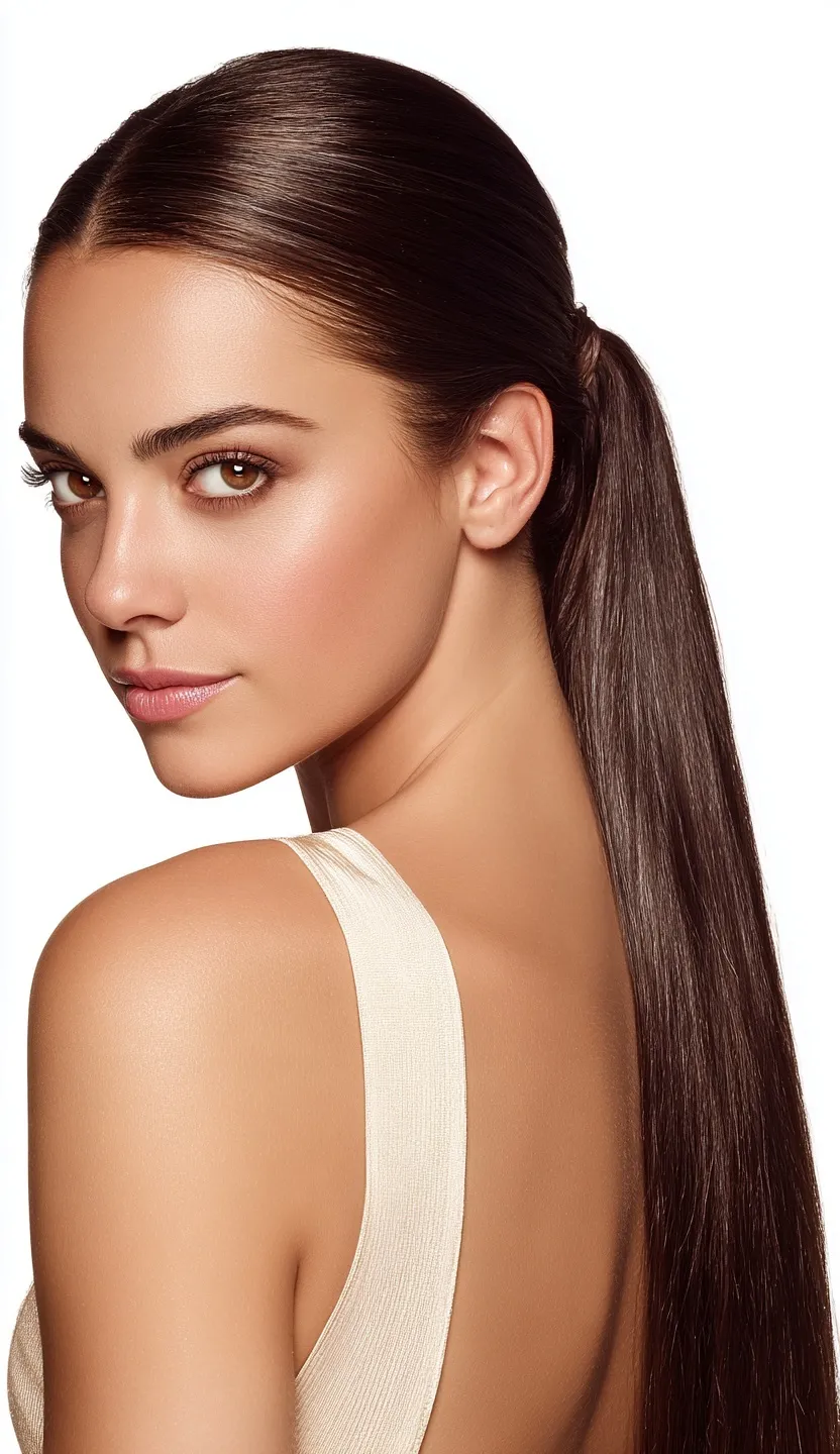 Close-up portrait of a woman with a sleek, long dark brown ponytail wearing beige against a white studio background.