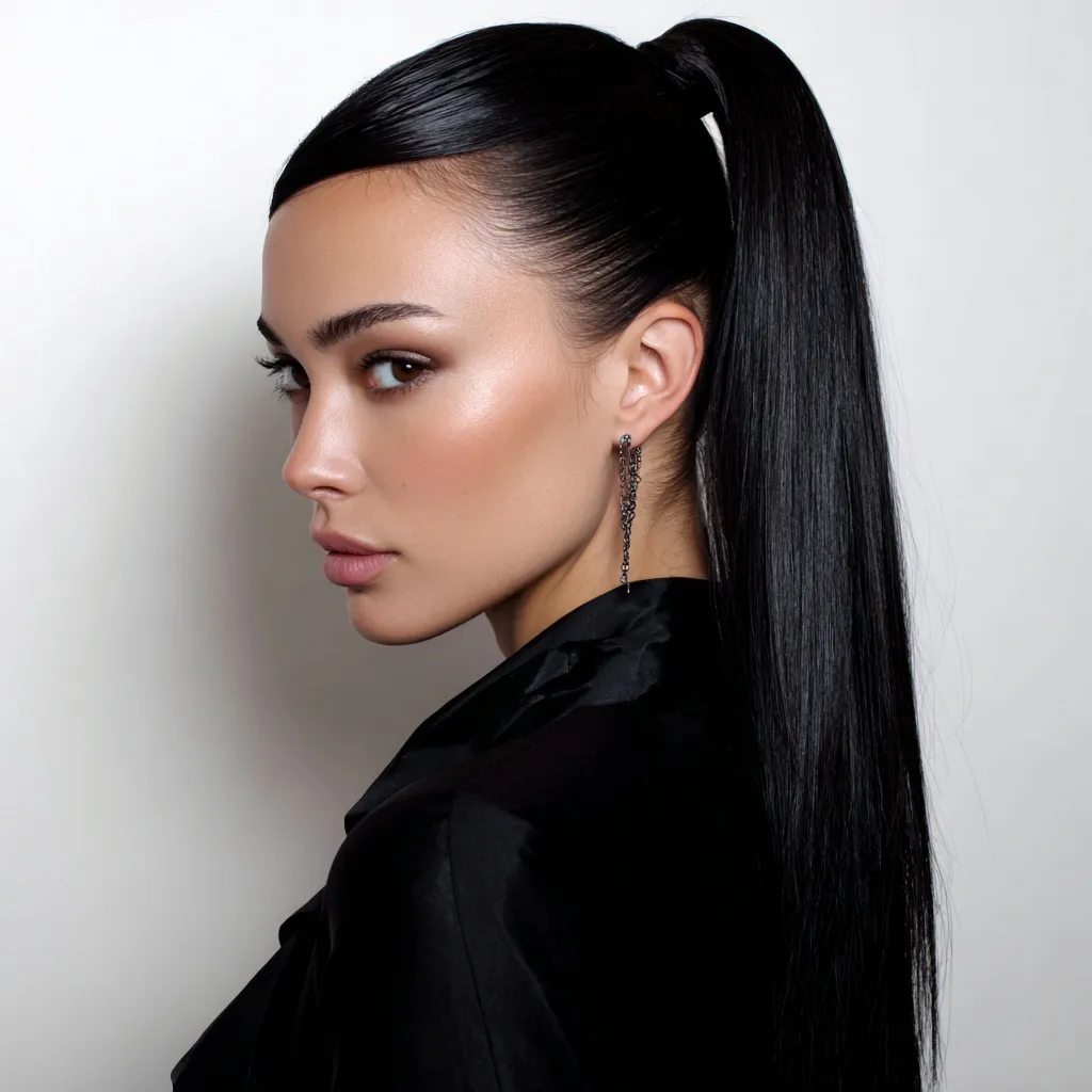 A woman with a high, sleek, straight jet-black ponytail hairstyle against a clean background.