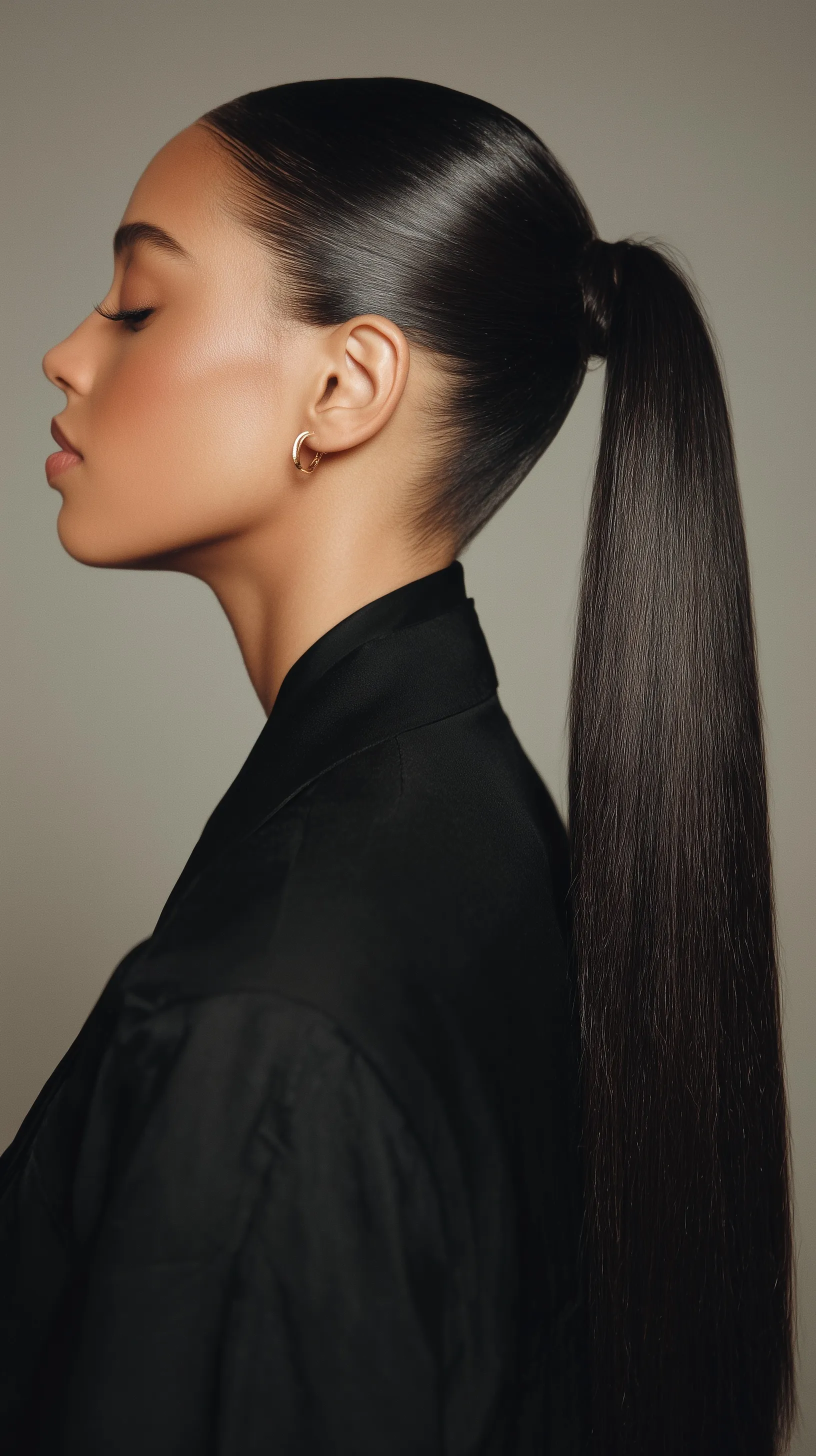 A sleek, high straight ponytail in jet-black hair against a neutral background.