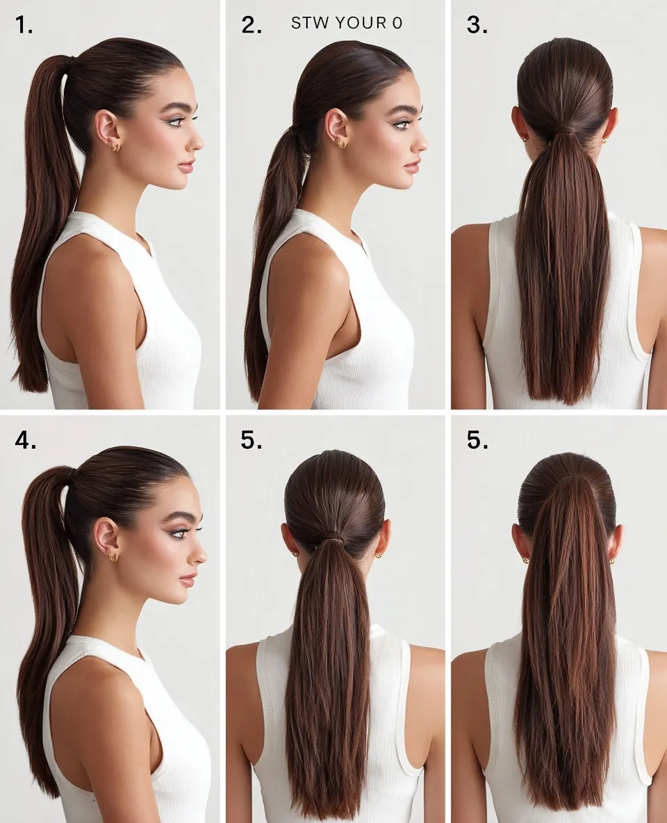 A 5-panel step-by-step guide showing a model with long brown hair styling a sleek, elegant high ponytail.