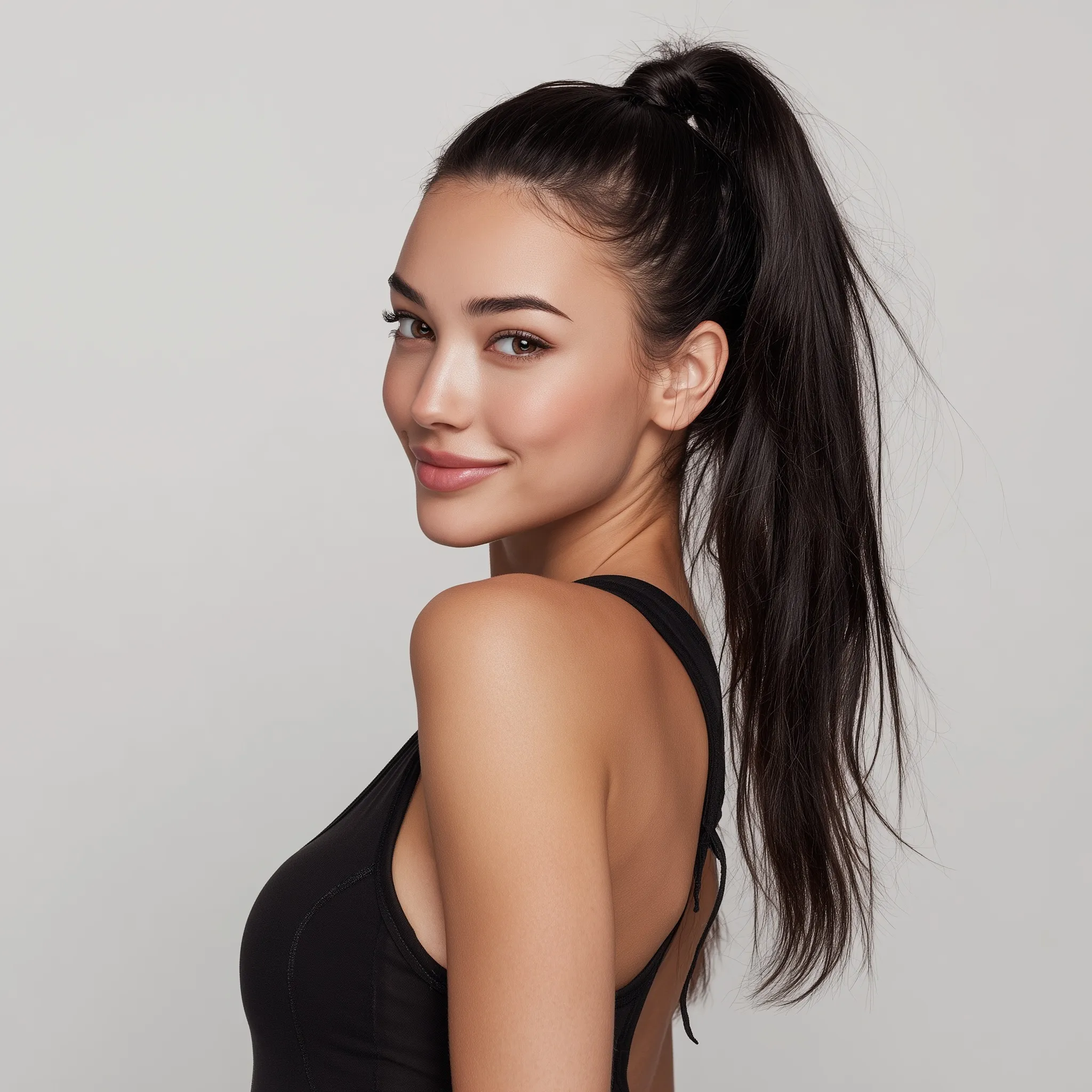 A beautiful woman with a high ponytail smiling and looking at the camera, realistic high-definition portrait.