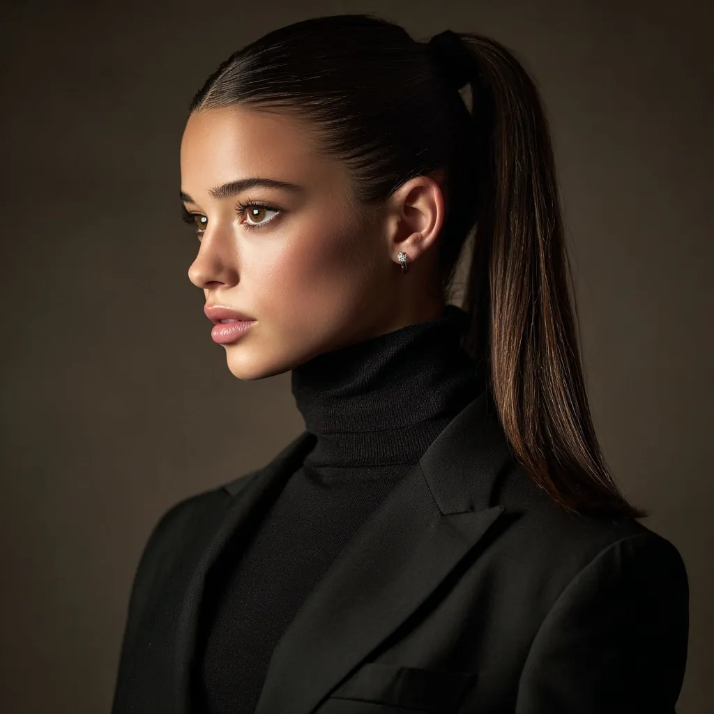 A confident young Mediterranean woman with long brown hair in a sleek ponytail wearing a black blazer and turtleneck.