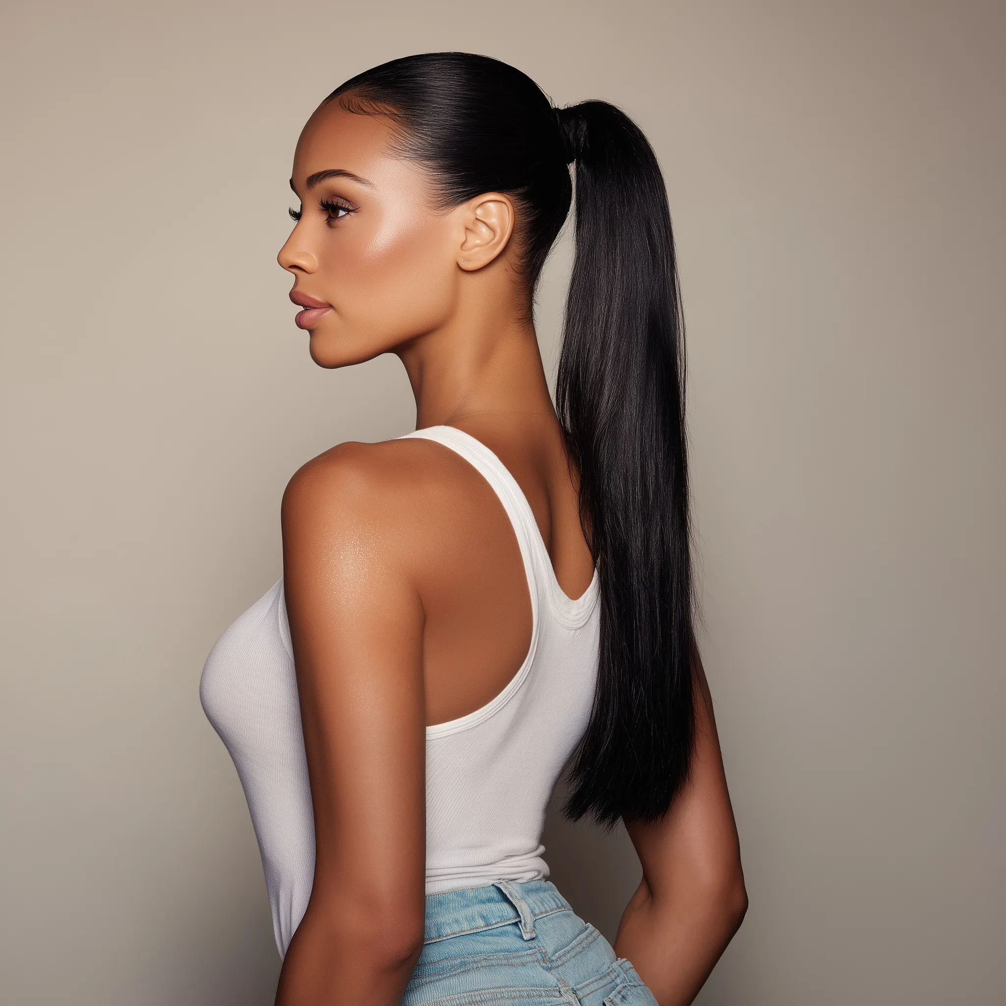 Studio portrait of a confident Black woman with a sleek, long, jet-black straight ponytail in a white tank top.