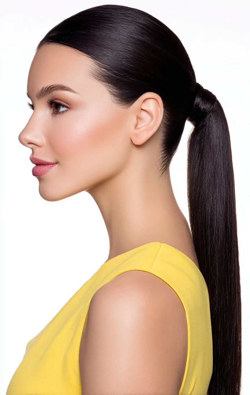 A side profile of a woman with a straight black ponytail wearing a yellow dress against a white background.