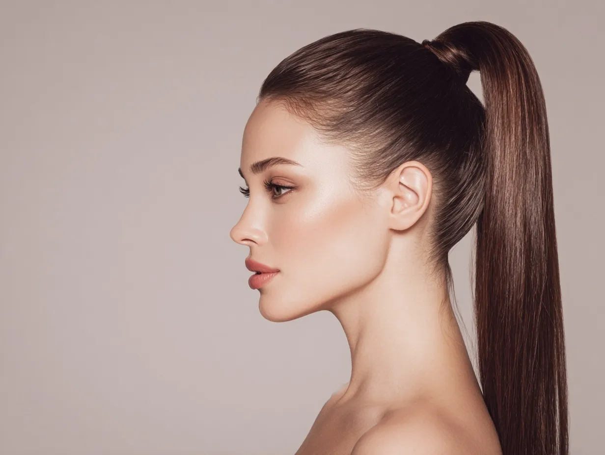 Professional beauty shot of a woman with a sleek, glossy high ponytail against a minimalist pastel gray background.