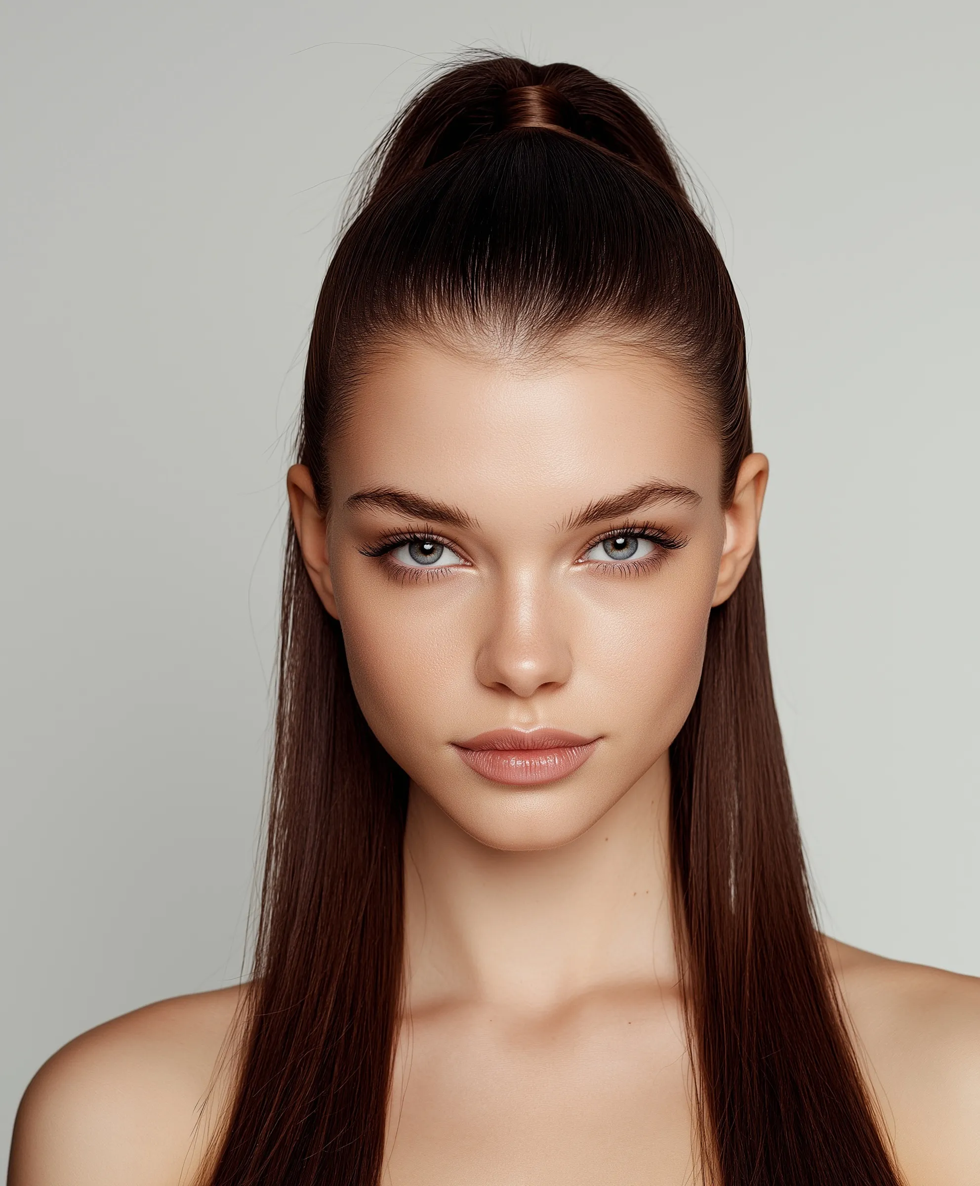 A stunning fashion model with long chestnut brown hair in a tight high ponytail, shot in sharp studio focus.