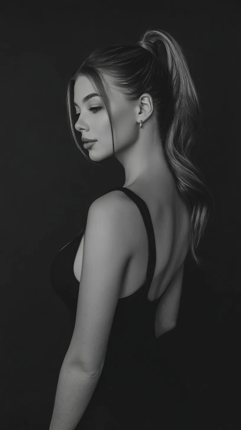 Caucasian woman with a smooth, round ponytail hairstyle looking over her shoulder from a side profile angle.