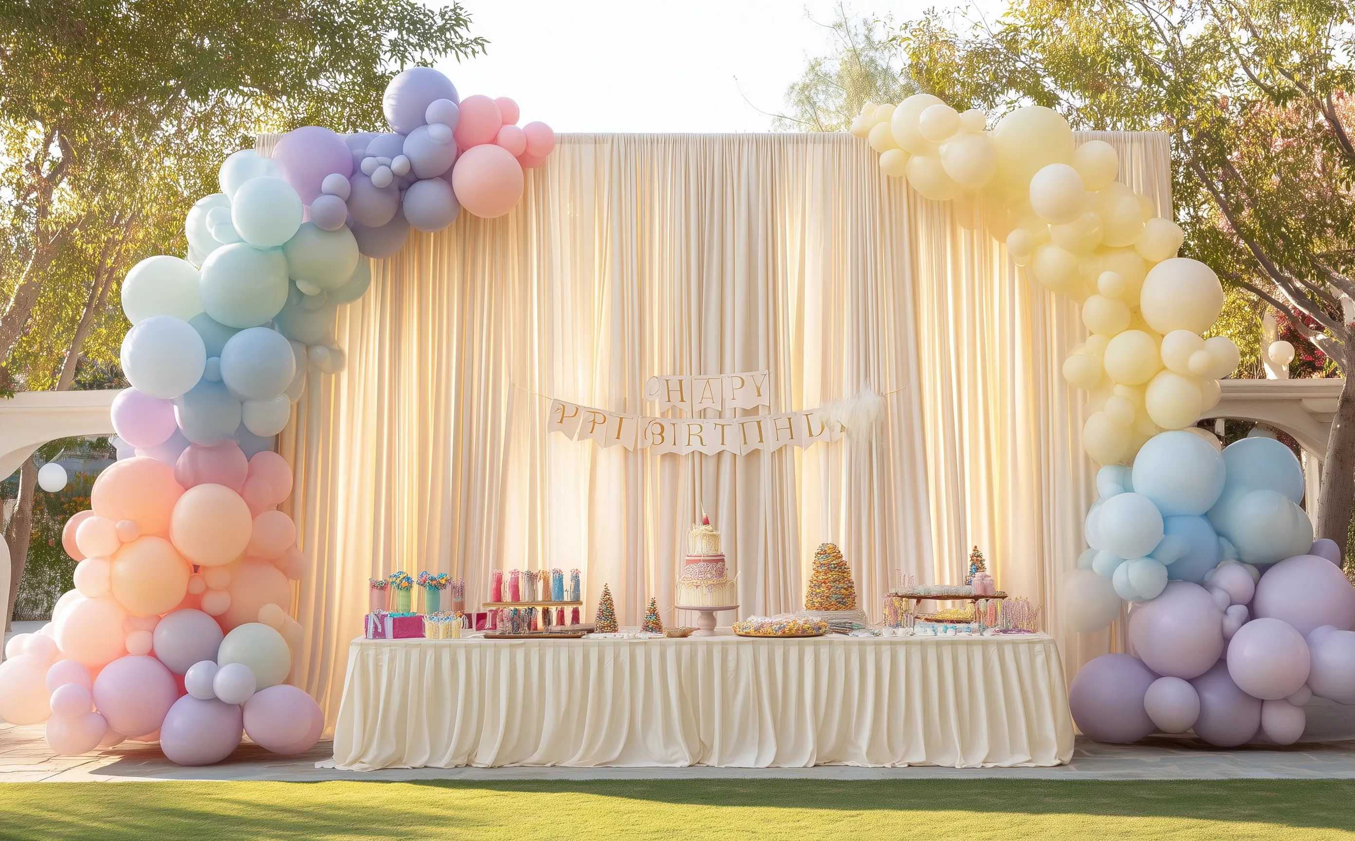 Grand 3rd birthday party setup with a 12ft ivory backdrop, pastel balloons, and decorated cake on a lush lawn.