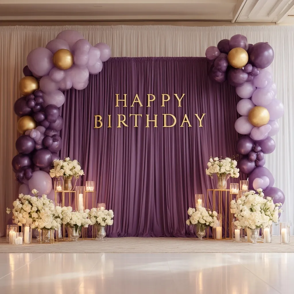 Luxury birthday party setup with a deep purple backdrop, gold banner, and elegant lavender and gold balloons.