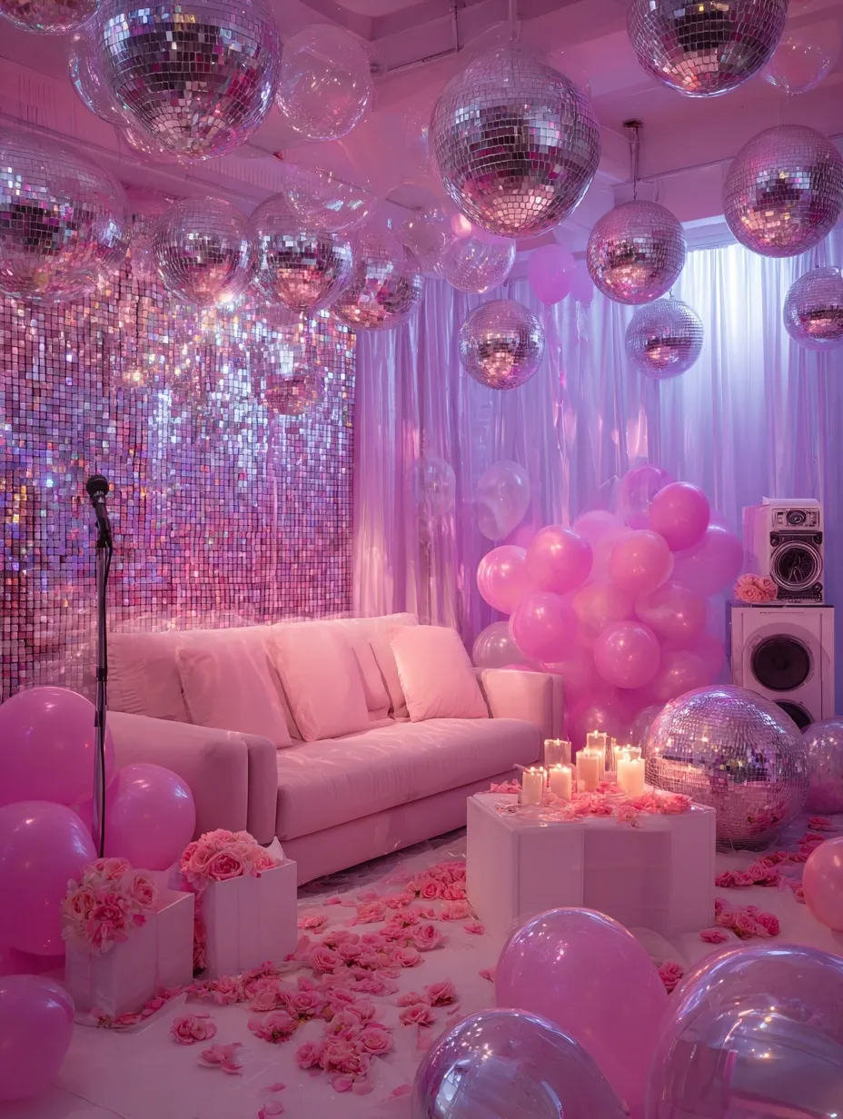 A luxury pink karaoke birthday party room with silver balloons, disco balls, and a gift box of chocolates.