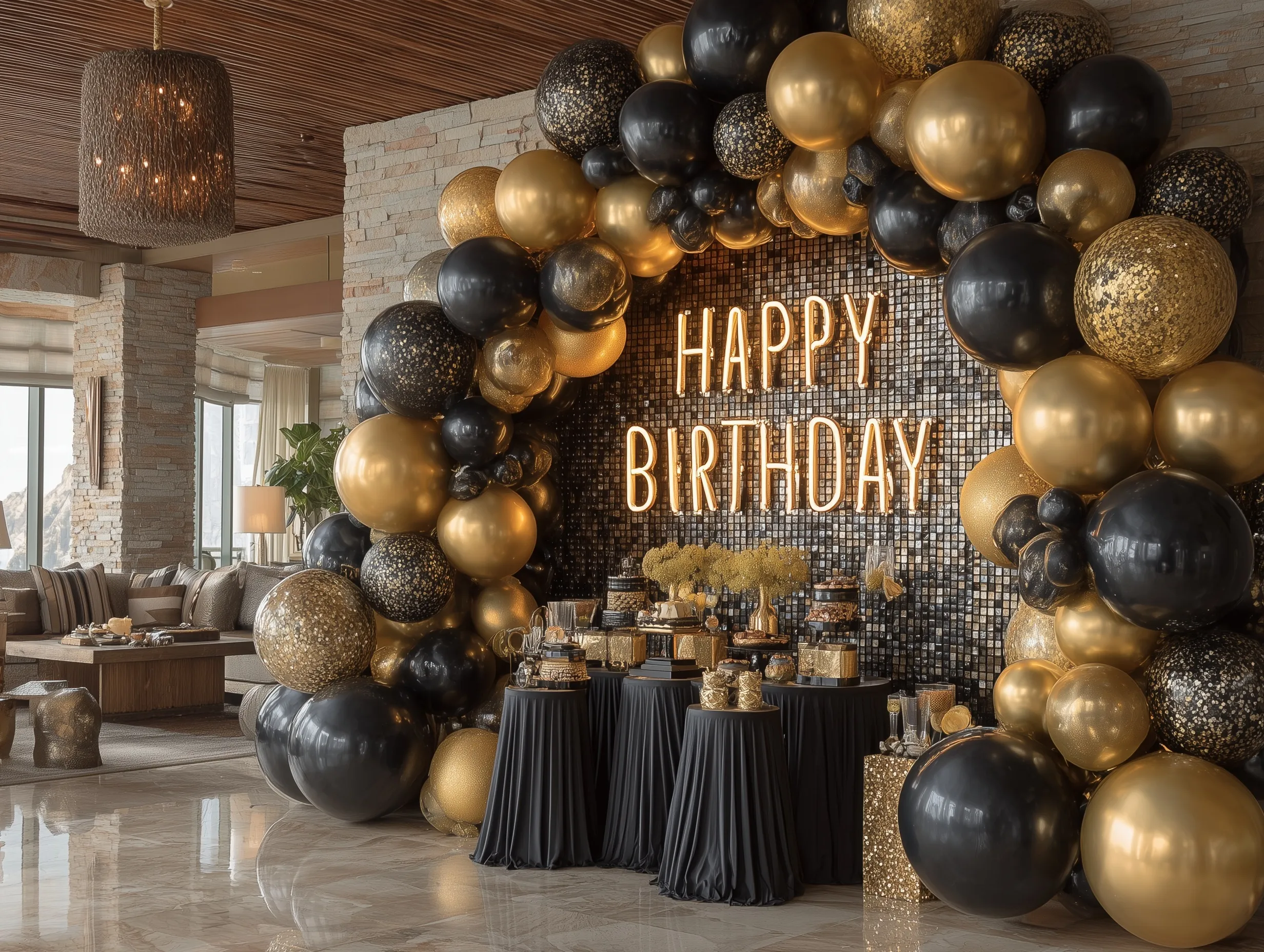 Luxury birthday party backdrop with black and gold sequin wall, balloon arch, and neon sign on a marble floor.