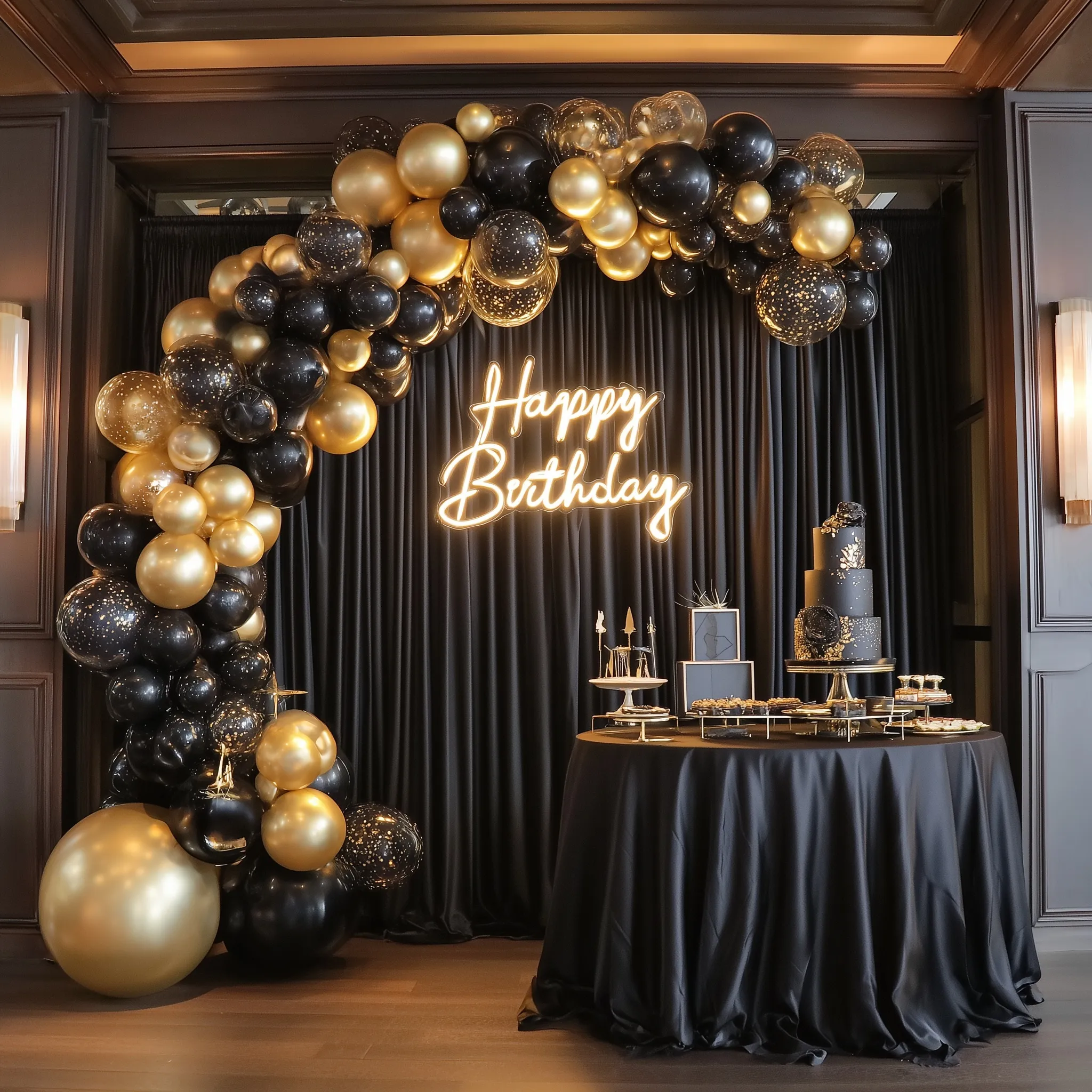 Luxury black and gold birthday party backdrop with balloon arch, neon sign, and elegant cake table in an upscale venue.