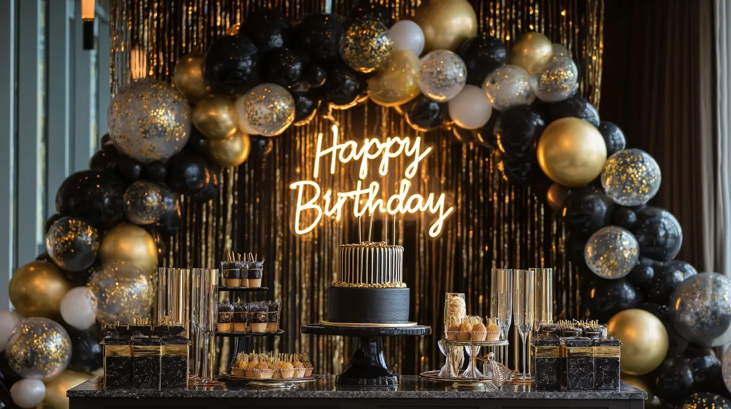 Luxury birthday party setup with a black and gold balloon arch, shimmer wall, and elegant dessert bar.
