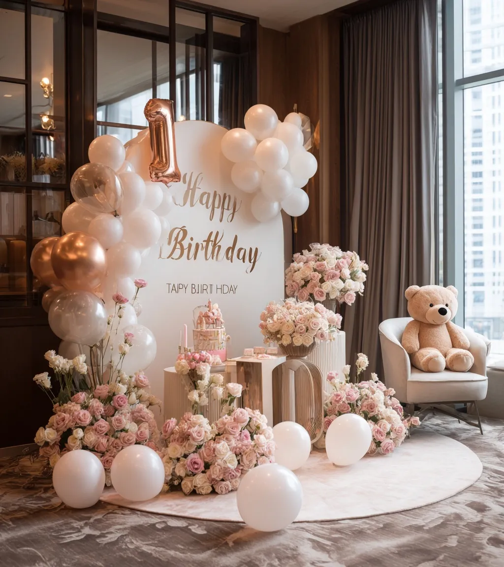Elegant 10th birthday party decor with balloons, teddy bears, pink roses, and gold foil number one on a round rug.