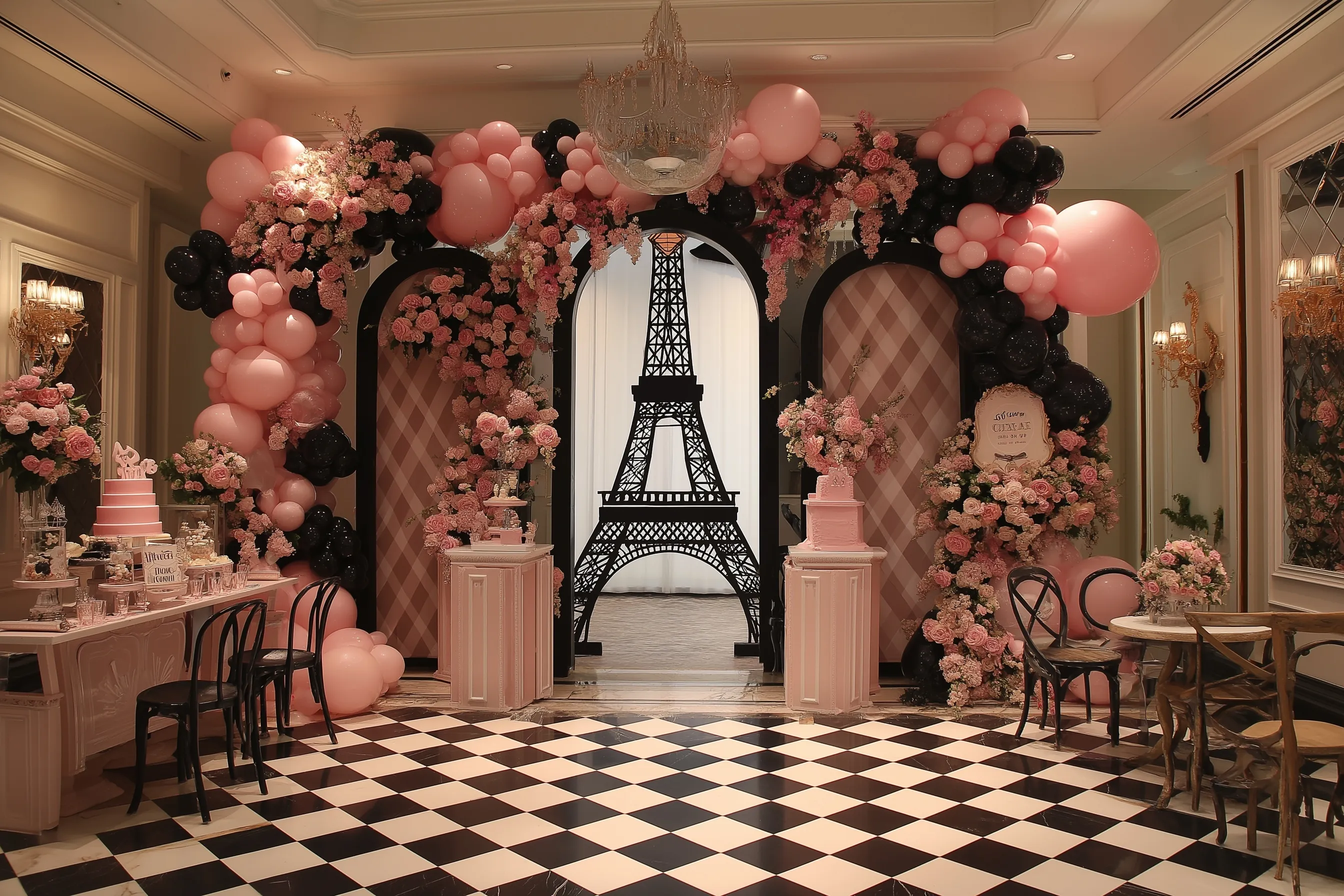 Luxury Paris-themed birthday party setup with a chic cake, blush pink, white, and black decor in a cafe setting.
