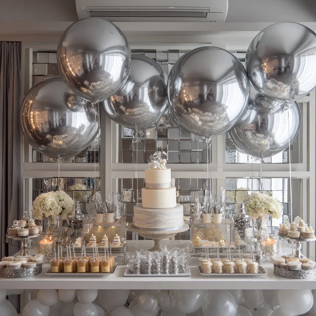 Elegant luxury silver birthday party decor with floating metallic orbz foil balloons.