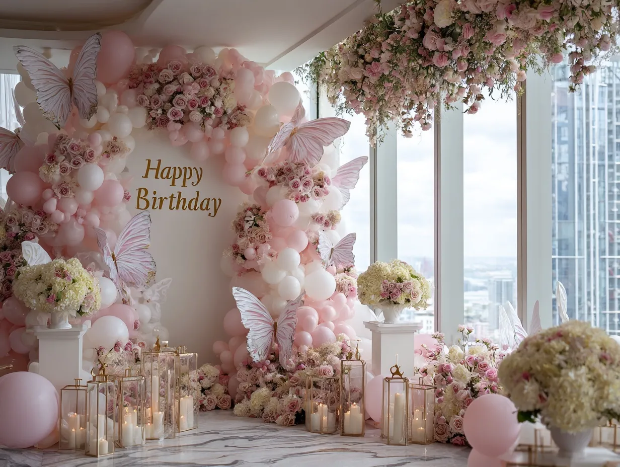Luxury birthday party decor with pink and white butterfly balloon installations, hanging roses, and floral accents.