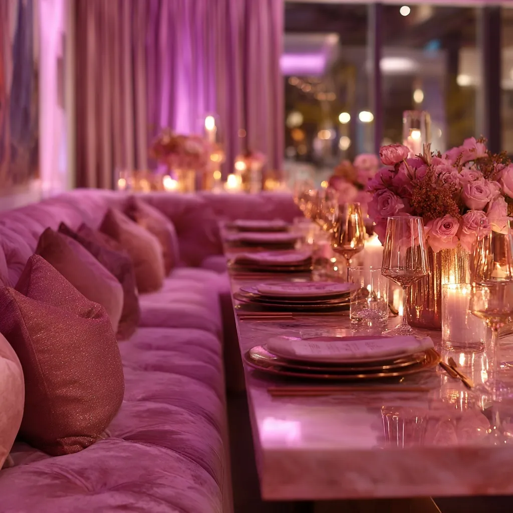 Luxury rose gold pink dinner party with velvet textures and ambient lighting in a stylish lounge setting.