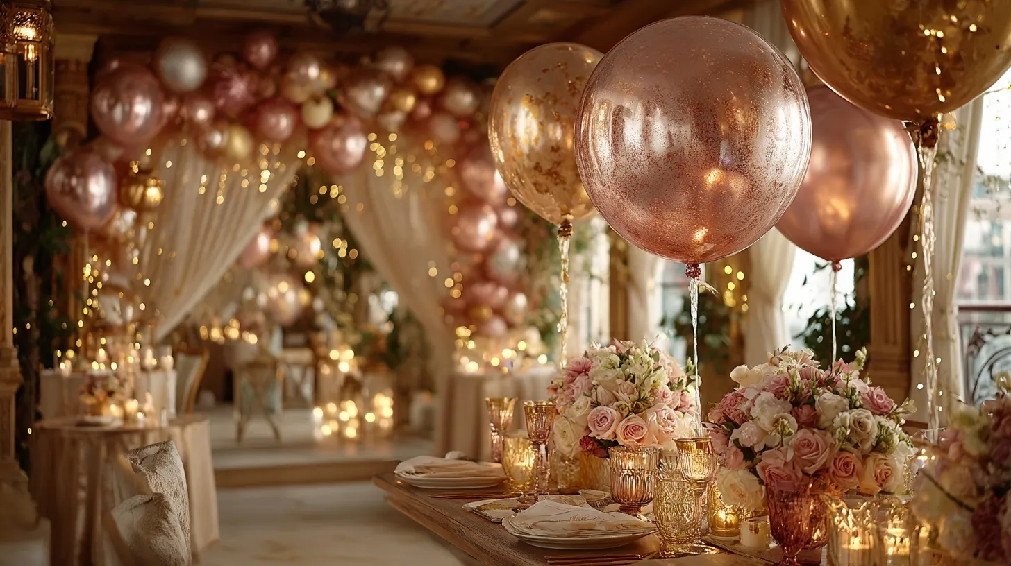 Elegant luxury engagement party featuring rose gold balloons, floral arrangements, and warm ambient candle lighting.
