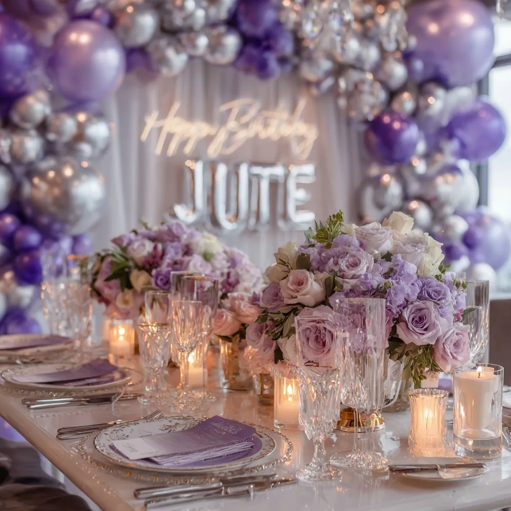 Elegant luxury birthday dinner party table with silver, purple, and lavender balloon decor and floral centerpieces.