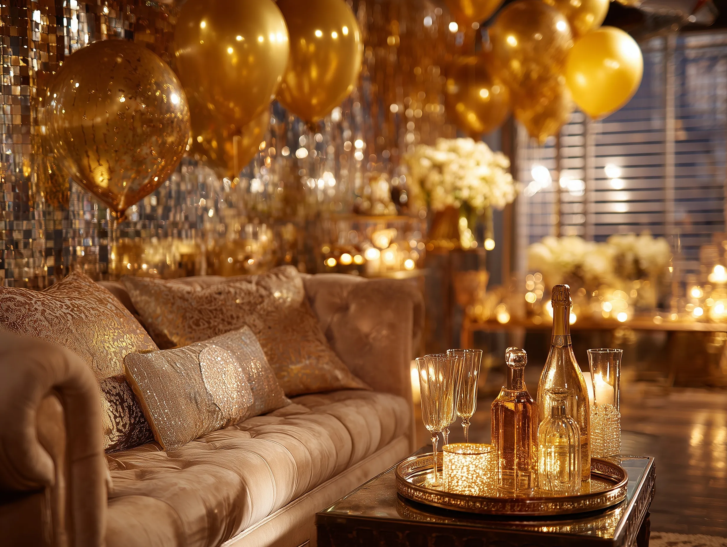 Luxury birthday party setup with golden balloons, champagne, and vintage decor in a dimly lit, modern-retro room.