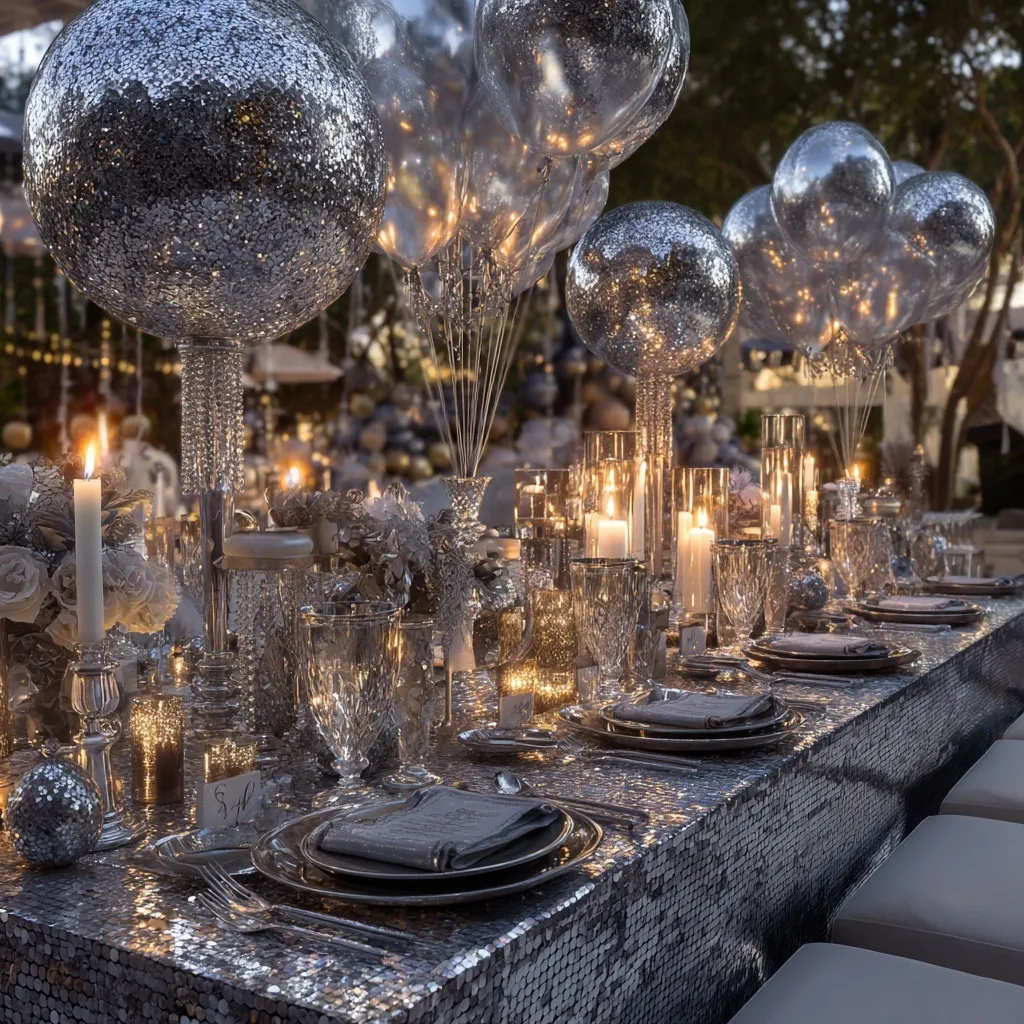 Luxurious silver-themed outdoor birthday dinner party with elegant tableware, chandeliers, and sparkling decor.