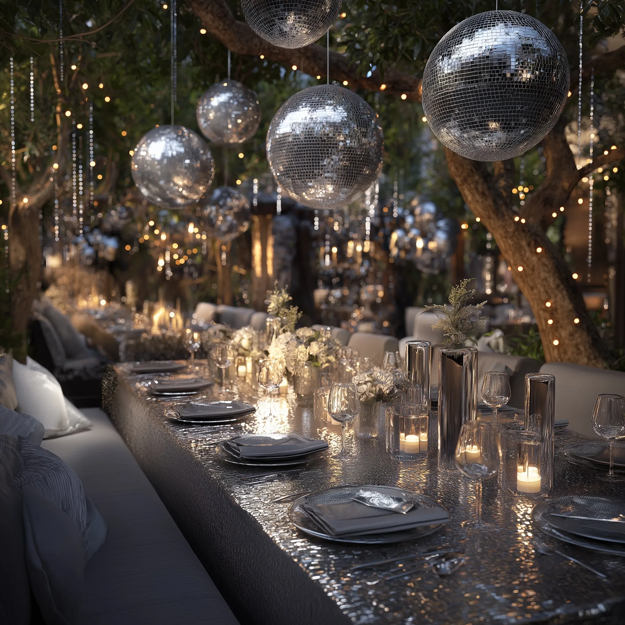 A luxurious outdoor silver-themed birthday dinner party with elegant tableware and sparkling chandeliers at twilight.