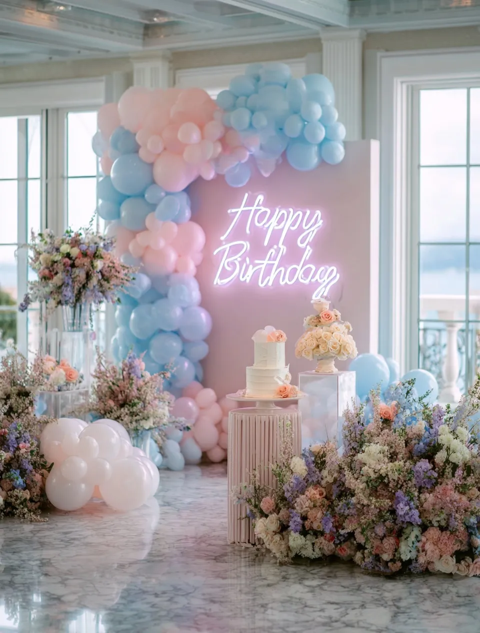 Luxury birthday party setup with a pink and blue balloon garland, neon Happy Birthday sign, and elegant floral decor.