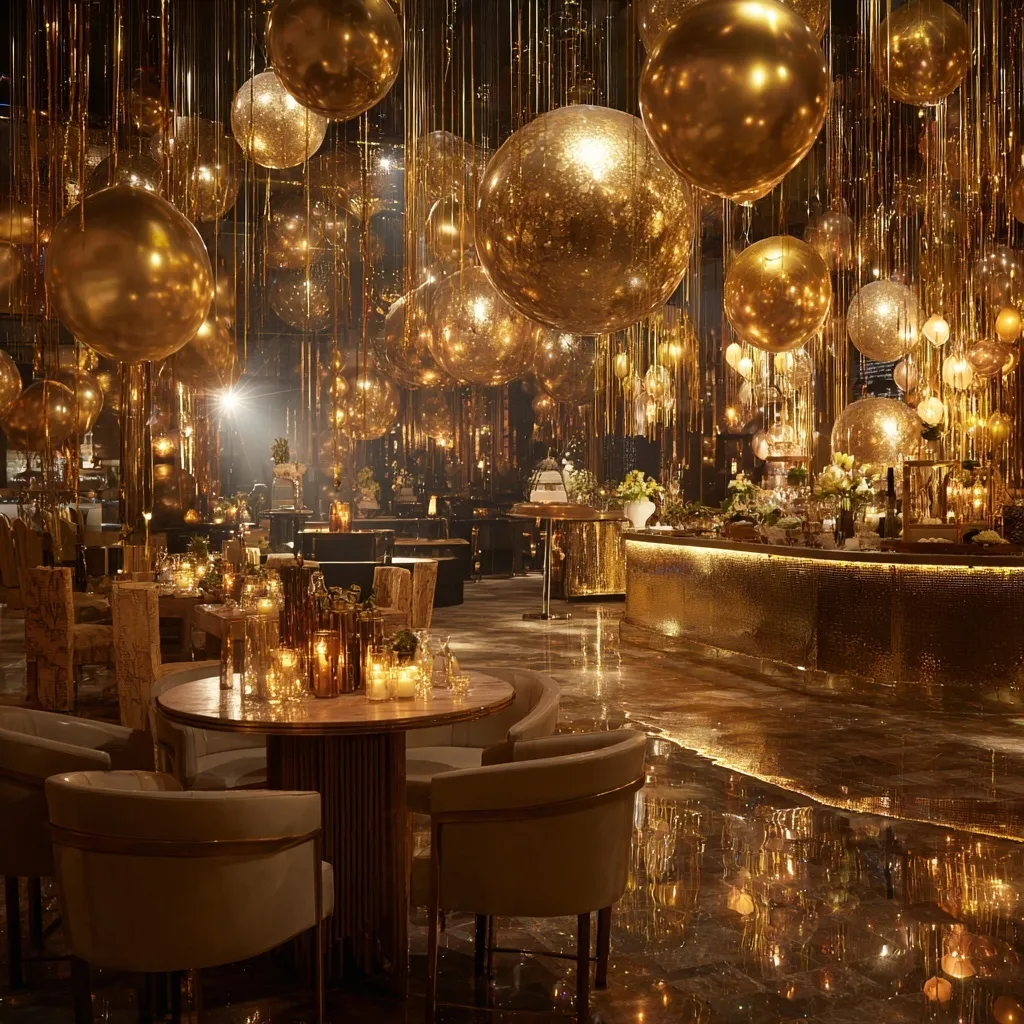 A luxury birthday party scene with elegant gold decorations and an empty table in the foreground.