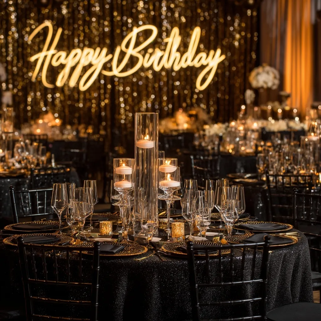 Luxury birthday party with gold and black decor, neon sign, and champagne tower in an upscale event venue.