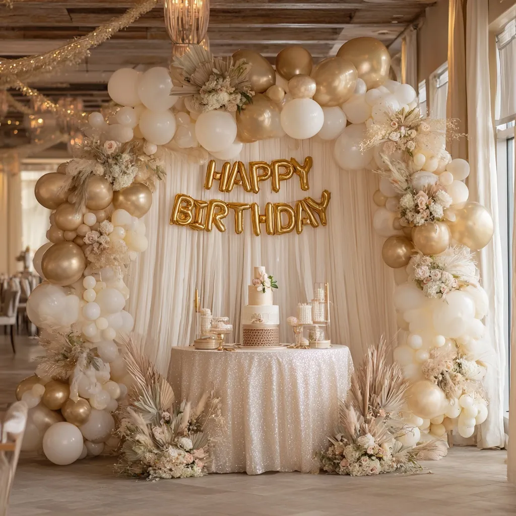 Elegant gold and white balloon arch for a luxury birthday party with flowers, cake, and festive tulle backdrop.