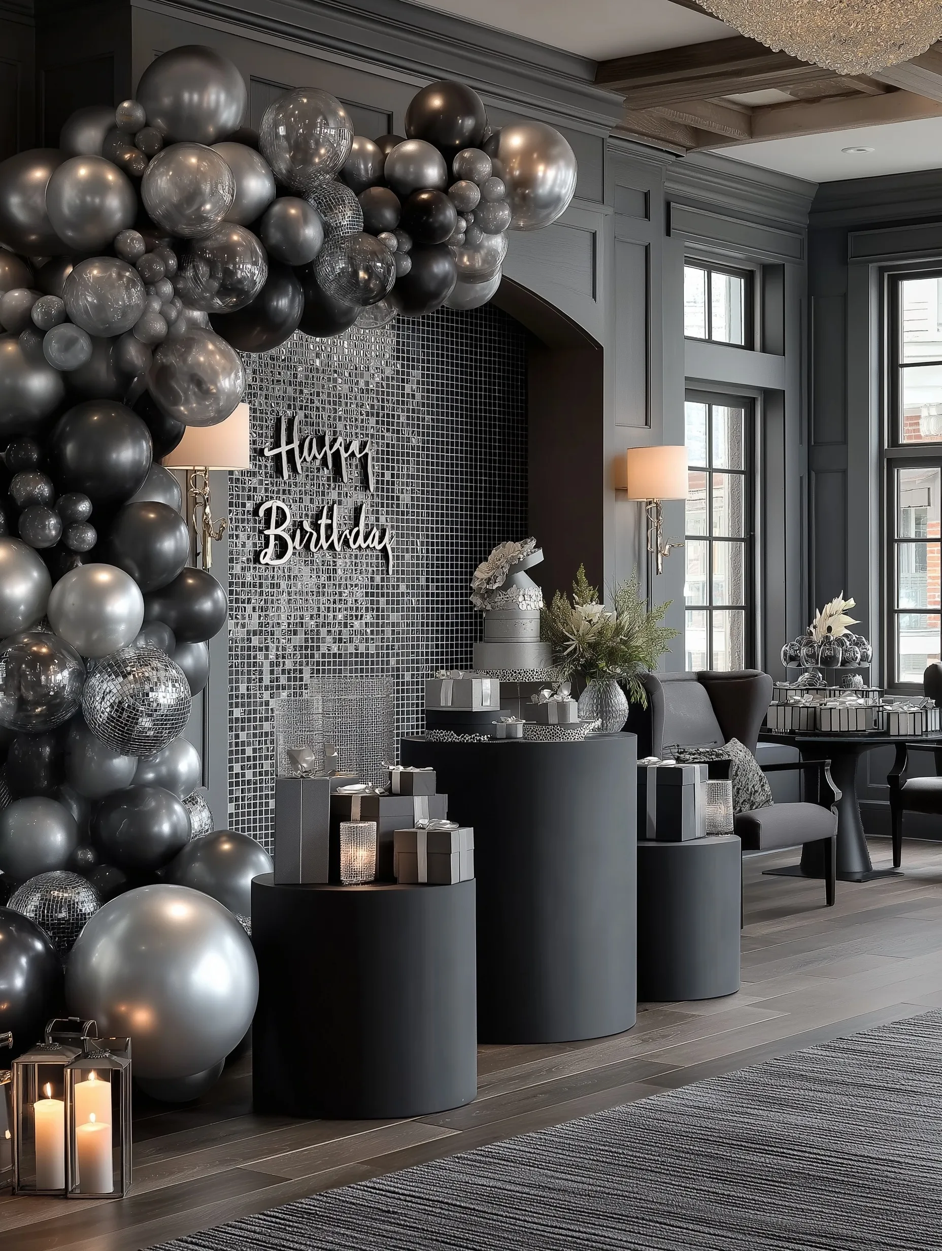 Elegant black and silver birthday party decor with a disco ball backdrop, balloon garland, and modern podiums.