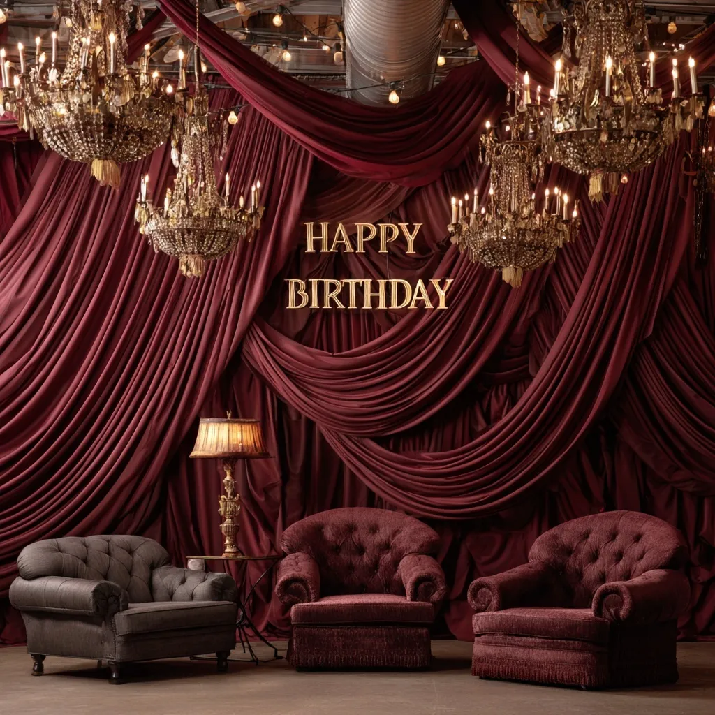 Luxury birthday party photo zone with burgundy draped fabrics, elegant chandeliers, and a Happy Birthday sign.