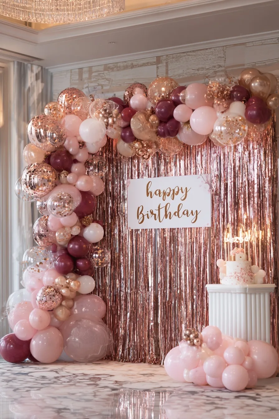 Luxury birthday party decor with rose gold and pink balloons, foil fringe, and elegant Happy Birthday signage.