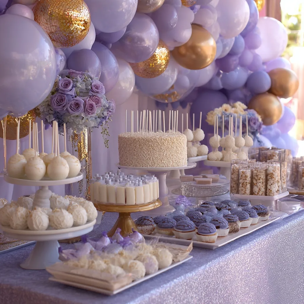 A luxury lavender and gold birthday sweets table with gourmet cupcakes, cake pops, and a matching balloon arch.