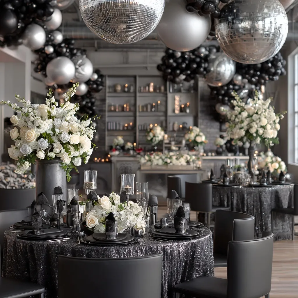 Luxury birthday party decor featuring chrome, silver sequins, and floral accents in a chic garage setting.