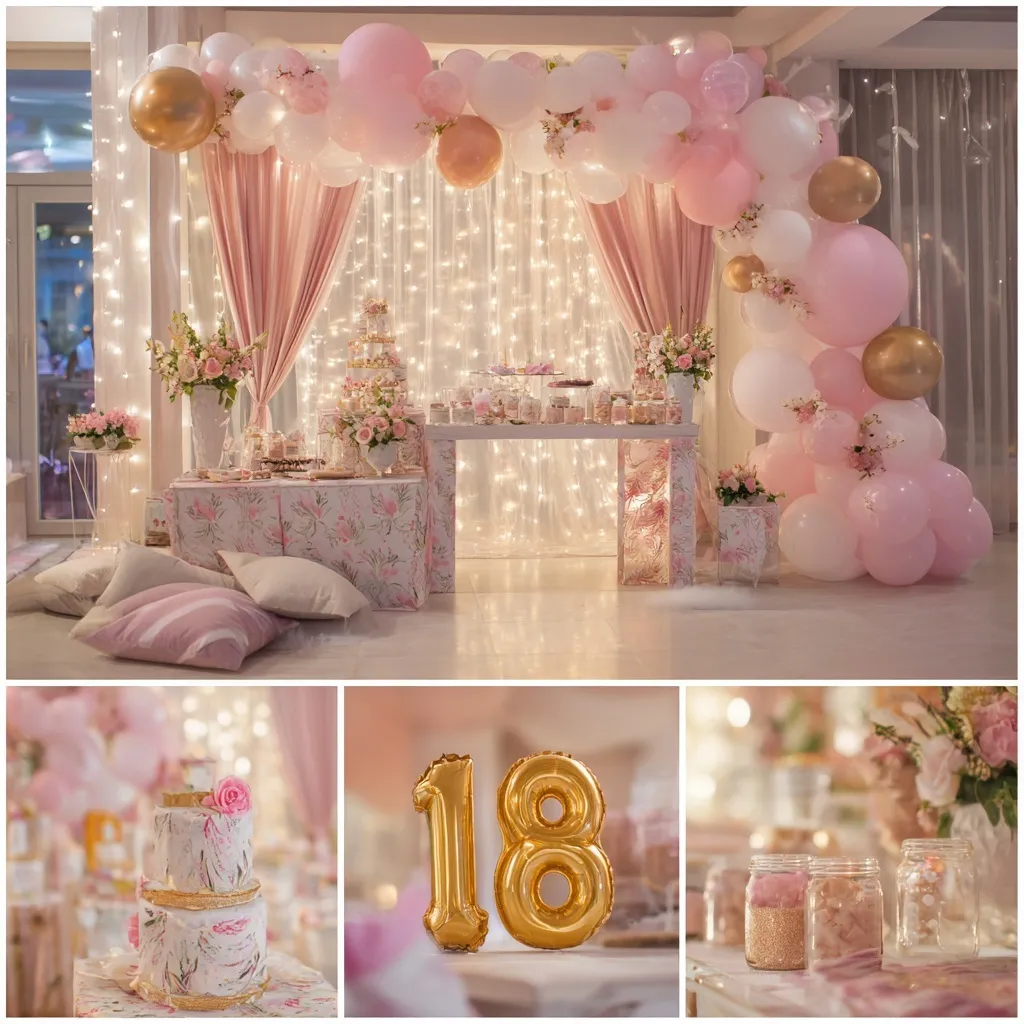 Stylish teenage girls celebrating an elegant 18th birthday party in a glamorous, decorated event space.