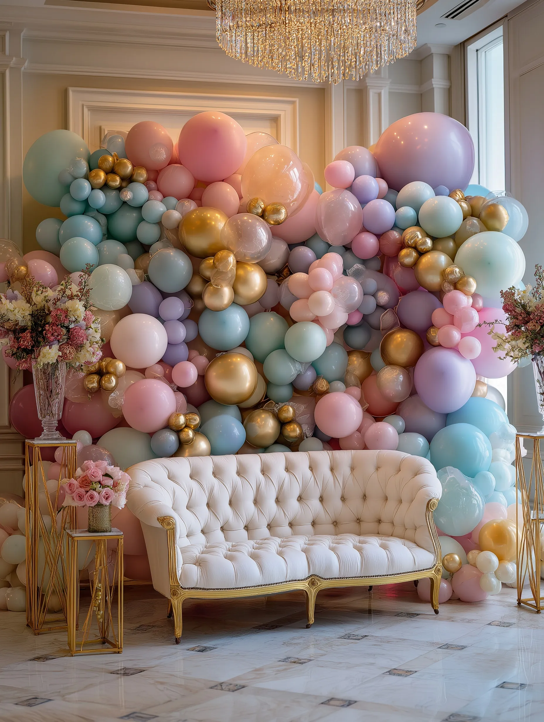 Portable luxury balloon photo zone wall decoration for a high-end birthday party event.